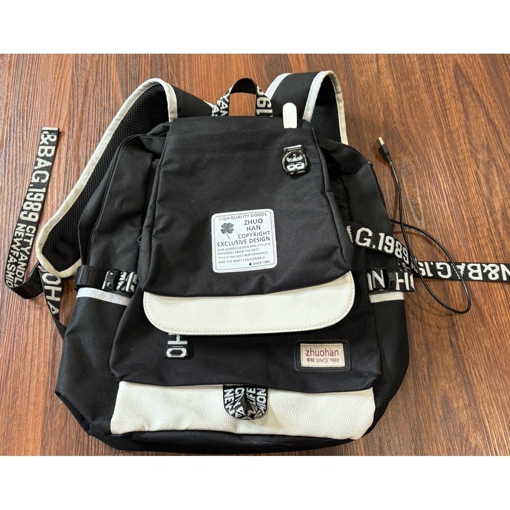 Zhuohan Book-sack Backpack Black White Callout Brand Multi Pocket Zip Close‎